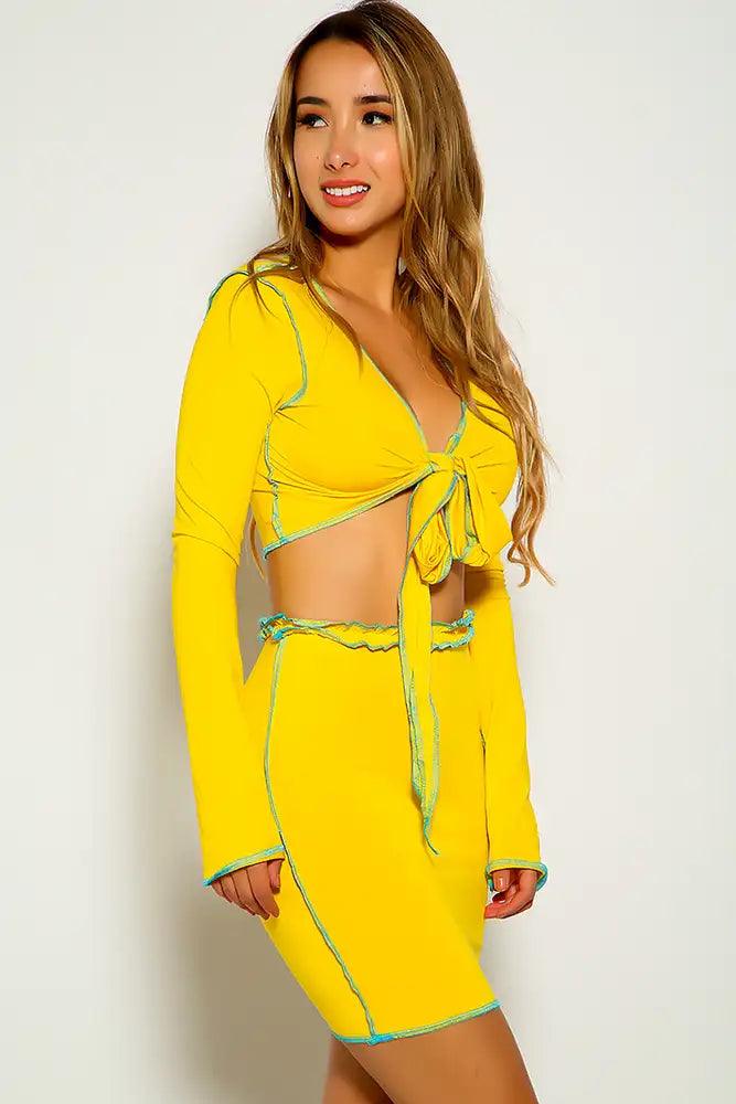 Yellow Front Tie Two Piece Dress - AMIClubwear