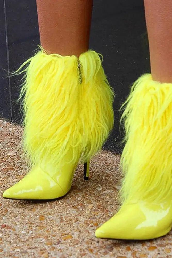 Yellow Fur High Heel Booties Faux Leather Ankle Boots - AMIClubwear