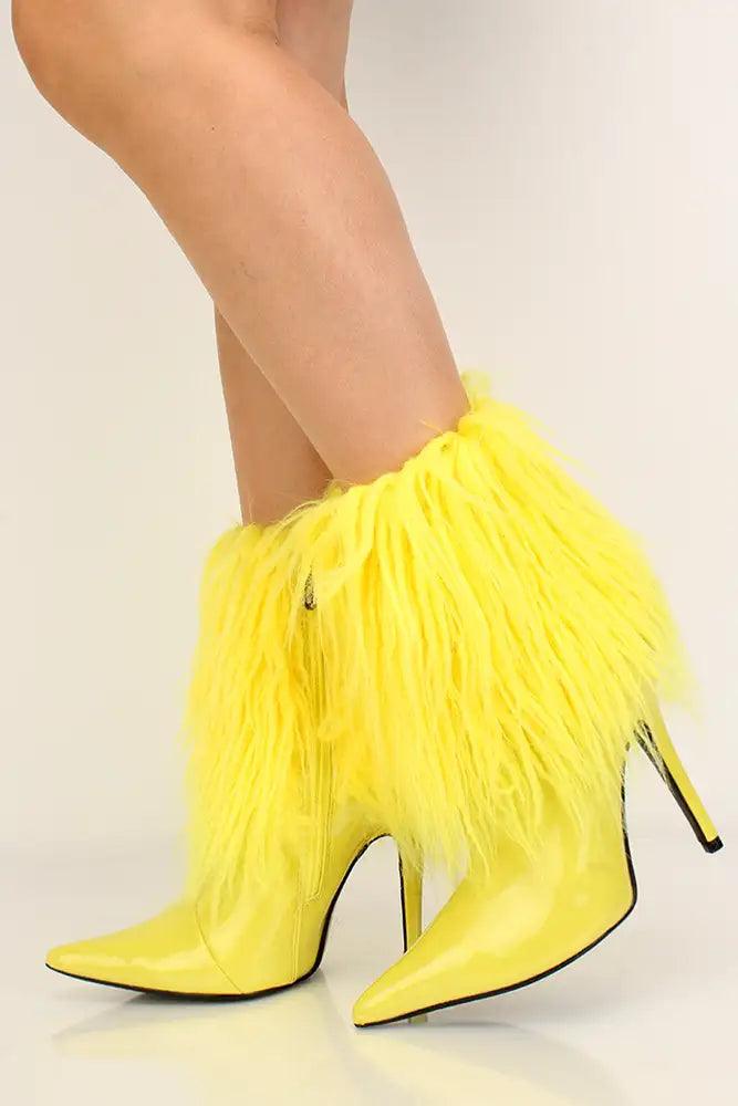 Yellow Fur High Heel Booties Faux Leather Ankle Boots - AMIClubwear