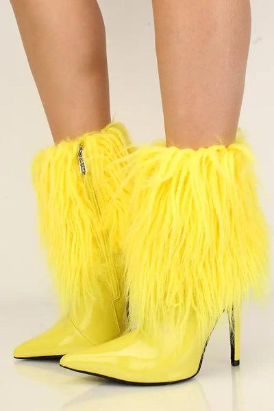 Yellow Fur High Heel Booties Faux Leather Ankle Boots - AMIClubwear