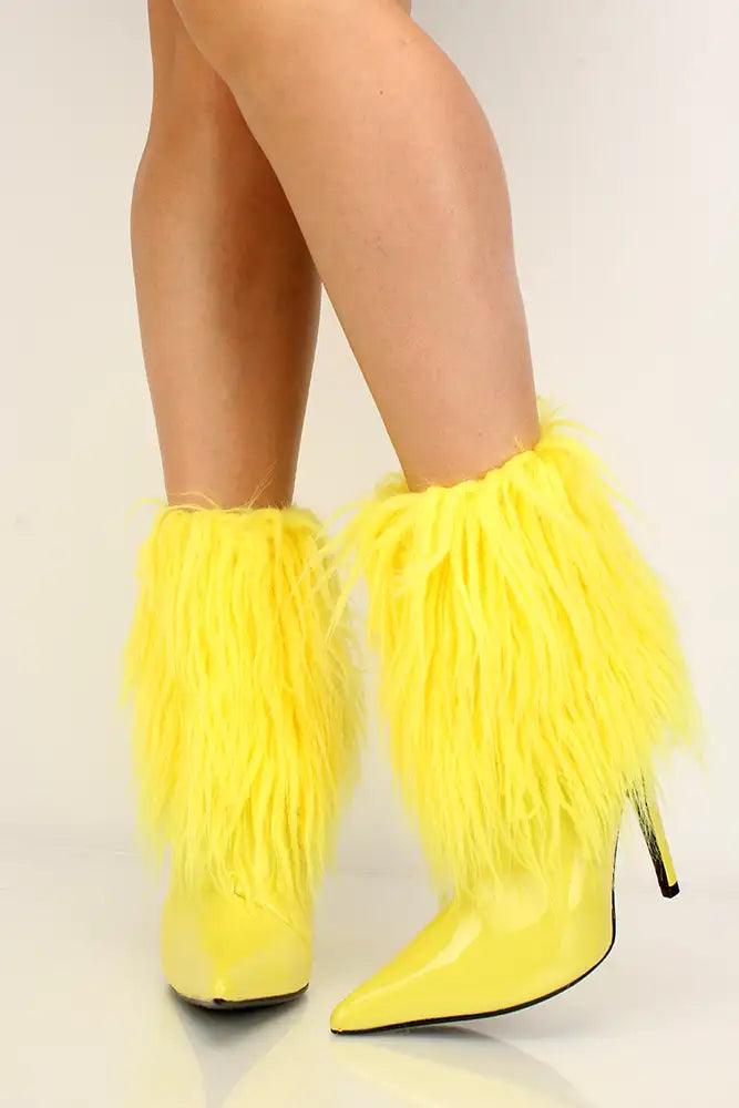 Yellow Fur High Heel Booties Faux Leather Ankle Boots - AMIClubwear