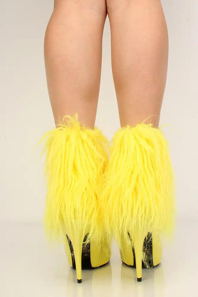 Yellow Fur High Heel Booties Faux Leather Ankle Boots - AMIClubwear