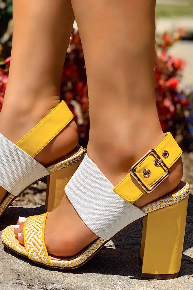 Yellow Geometric Print Chunky Heels - AMIClubwear