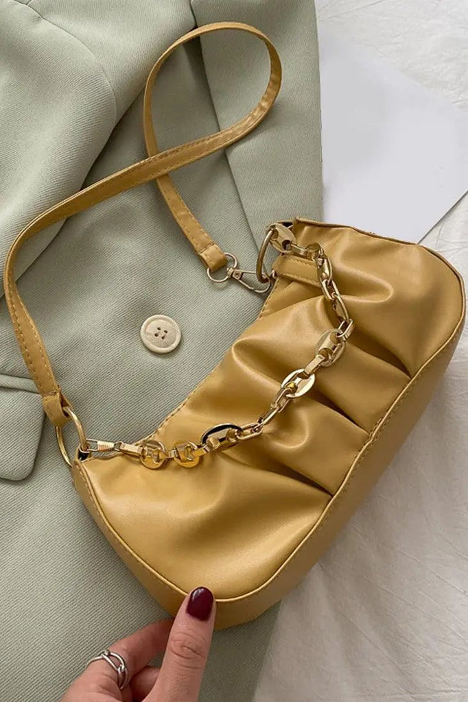 Yellow Gold Chain Strap Ruched Cross Body Hand Bag