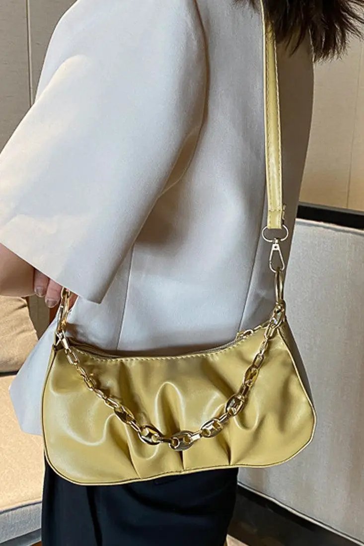 Yellow Gold Chain Strap Ruched Cross Body Hand Bag