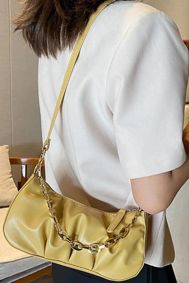 Yellow Gold Chain Strap Ruched Cross Body Hand Bag