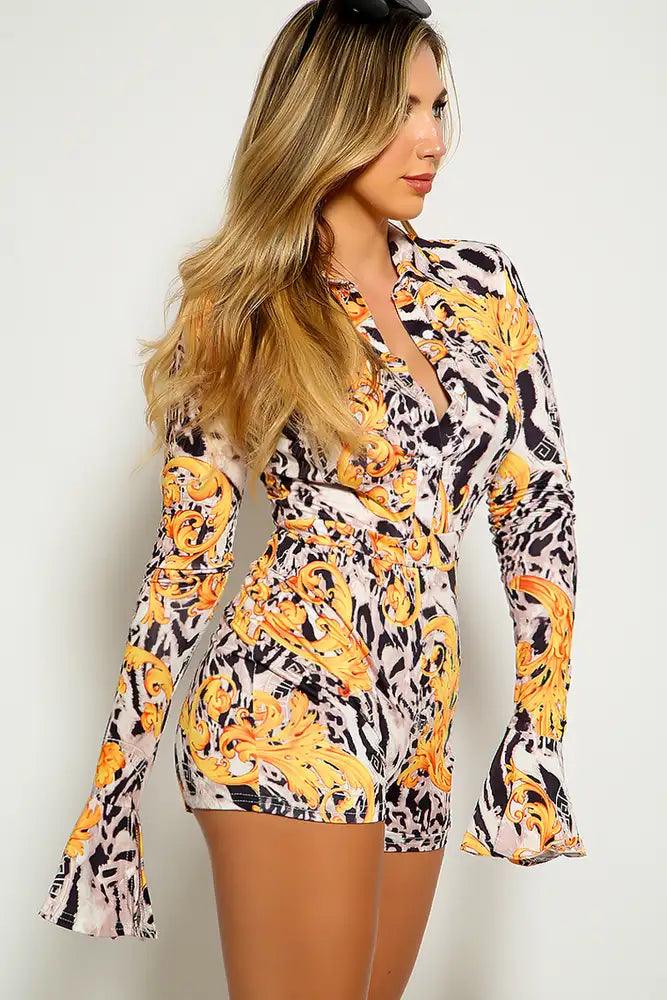 Yellow Graphic Print Long Sleeve Romper - AMIClubwear