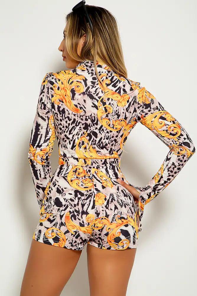 Yellow Graphic Print Long Sleeve Romper - AMIClubwear