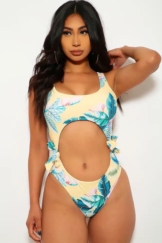 Yellow Green Leaf Print One Piece Swimsuit - AMIClubwear