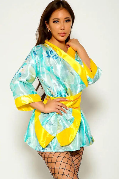 Yellow Green Sexy Kimono 3 Piece Costume - AMIClubwear