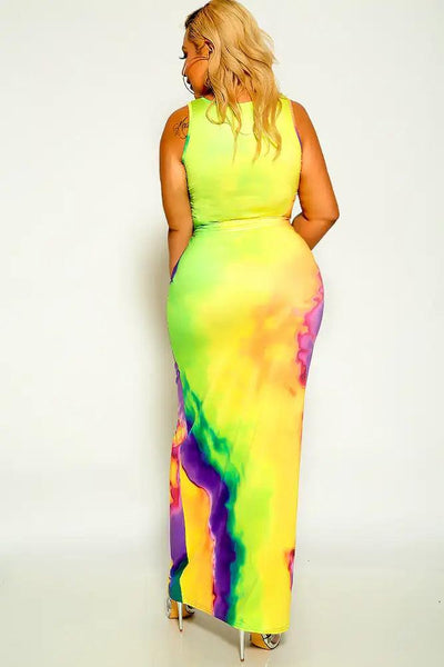 Yellow Green Short Sleeve Plus Size Maxi Two Piece  Dress - AMIClubwear