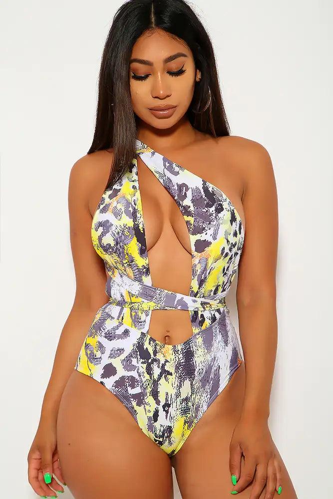 Yellow Grey Animal Print Halter One Piece Swimsuit - AMIClubwear