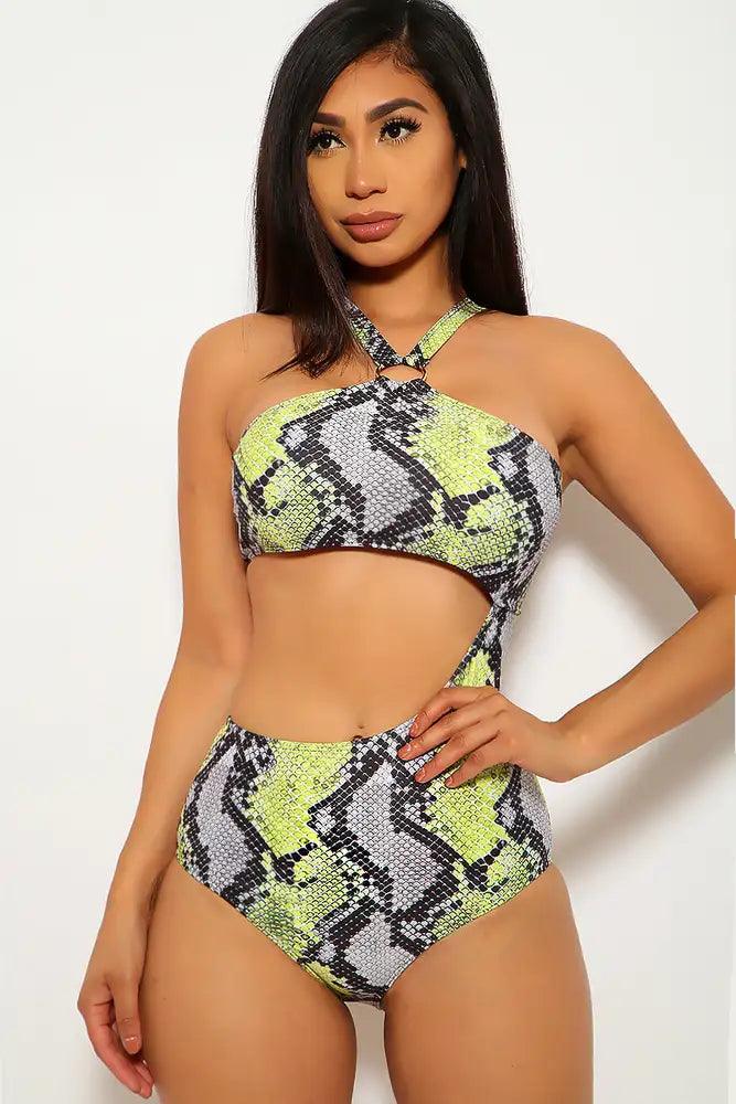 Yellow Grey Snake Print Cut Out One Piece Swimsuit