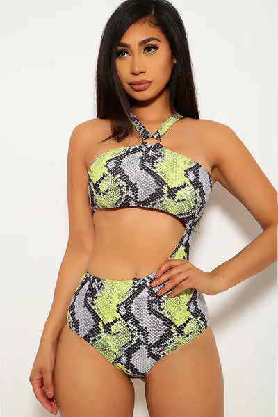Yellow Grey Snake Print Cut Out One Piece Swimsuit - AMIClubwear