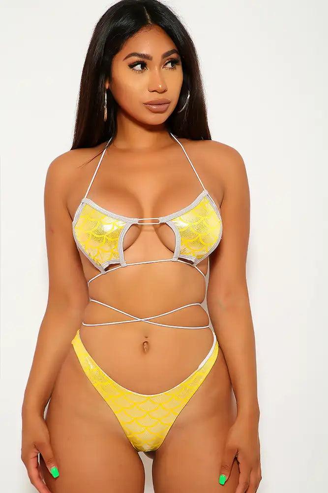 Yellow Grey Strappy Fish Scale Two Piece Swimsuit - AMIClubwear