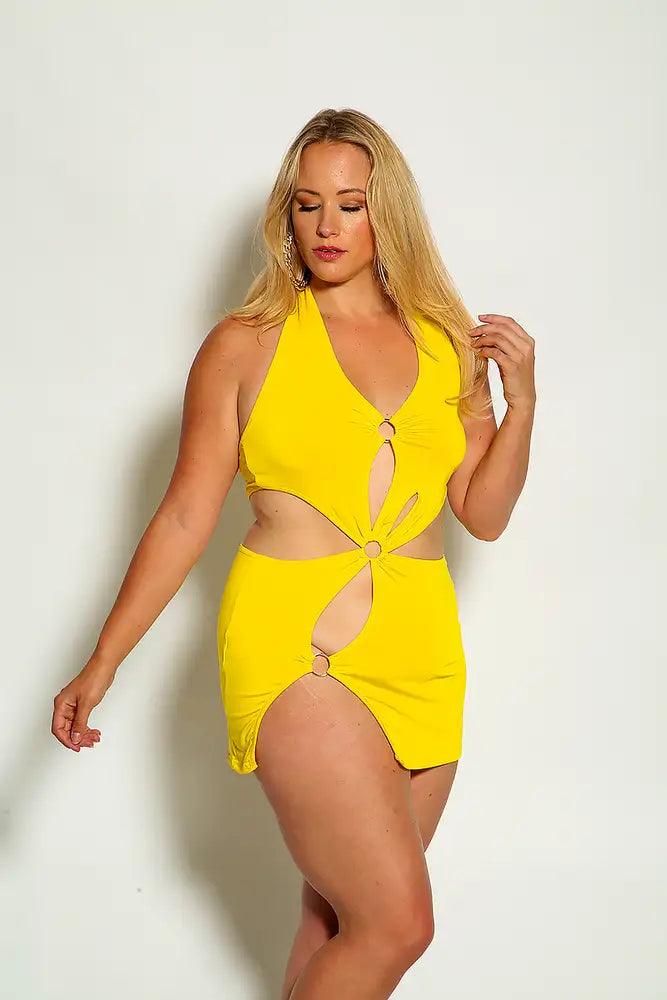 Yellow Halter O-Ring Cut Out Plus size Party Dress - AMIClubwear