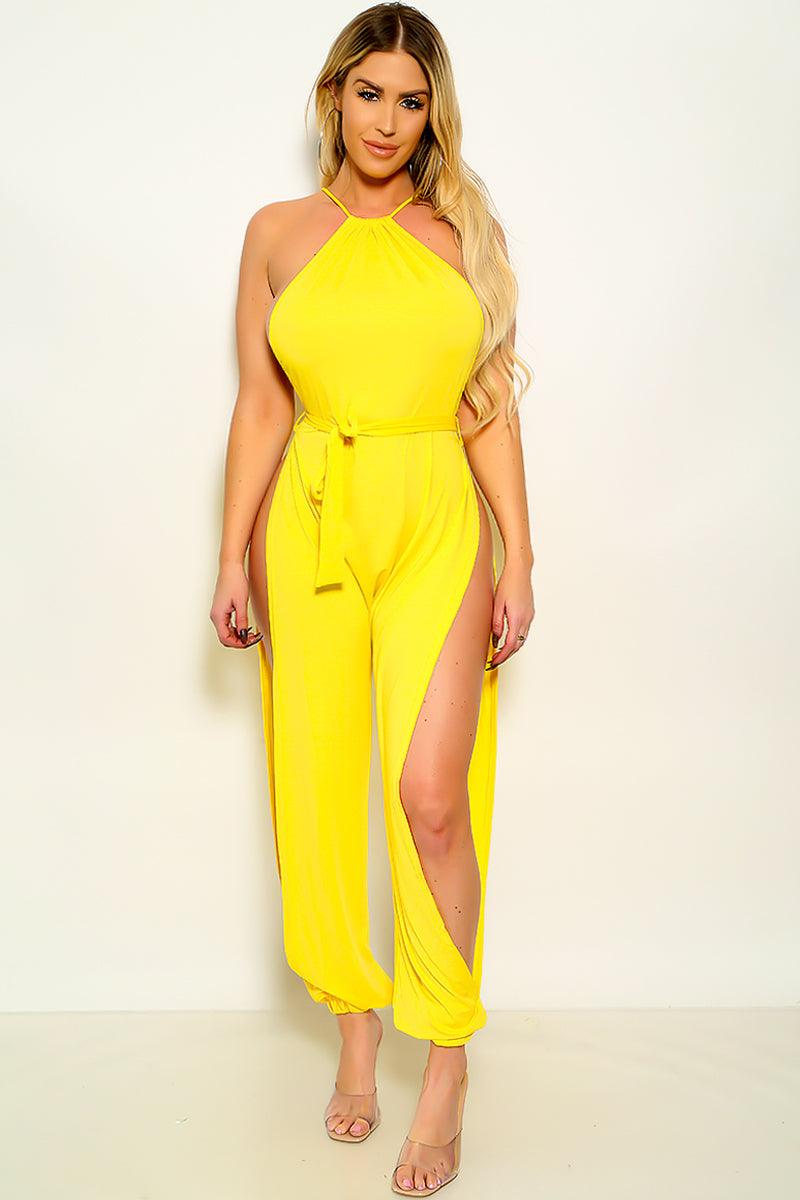 Yellow Halter Side Cut Out Belted Sexy Jumpsuit - AMIClubwear