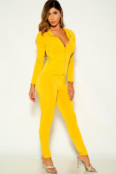 Yellow Hooded Front Zipper Lounge Two Piece Outfit - AMIClubwear