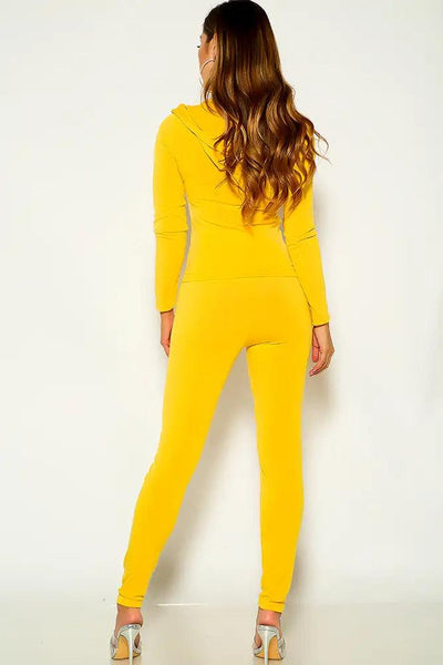 Yellow Hooded Front Zipper Lounge Two Piece Outfit - AMIClubwear