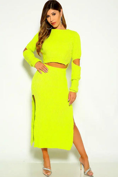 Yellow Knitted Cut Out Double Slit Sweater Two Piece Dress - AMIClubwear