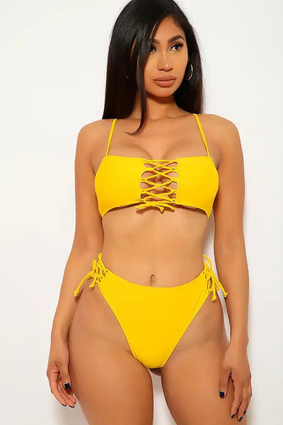 Yellow Lace Up Two Piece Swimsuit - AMIClubwear