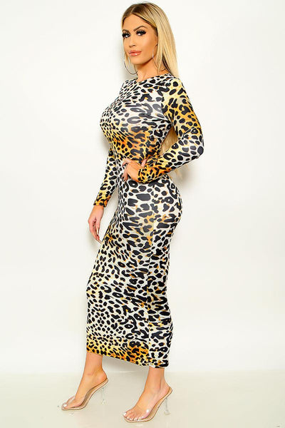 Yellow Leopard Long Sleeve Sexy Midi Party Dress - AMIClubwear