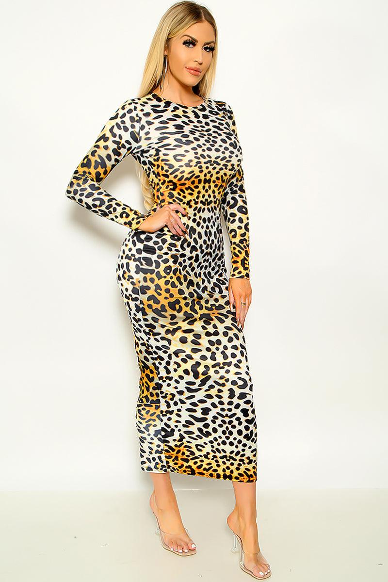 Yellow Leopard Long Sleeve Sexy Midi Party Dress - AMIClubwear