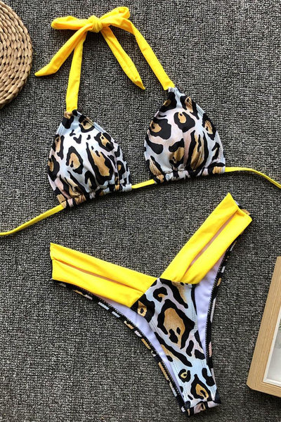 Yellow Leopard Print Cheeky Halter 2 Pc Swimsuit - AMIClubwear