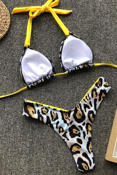 Yellow Leopard Print Cheeky Halter 2 Pc Swimsuit - AMIClubwear