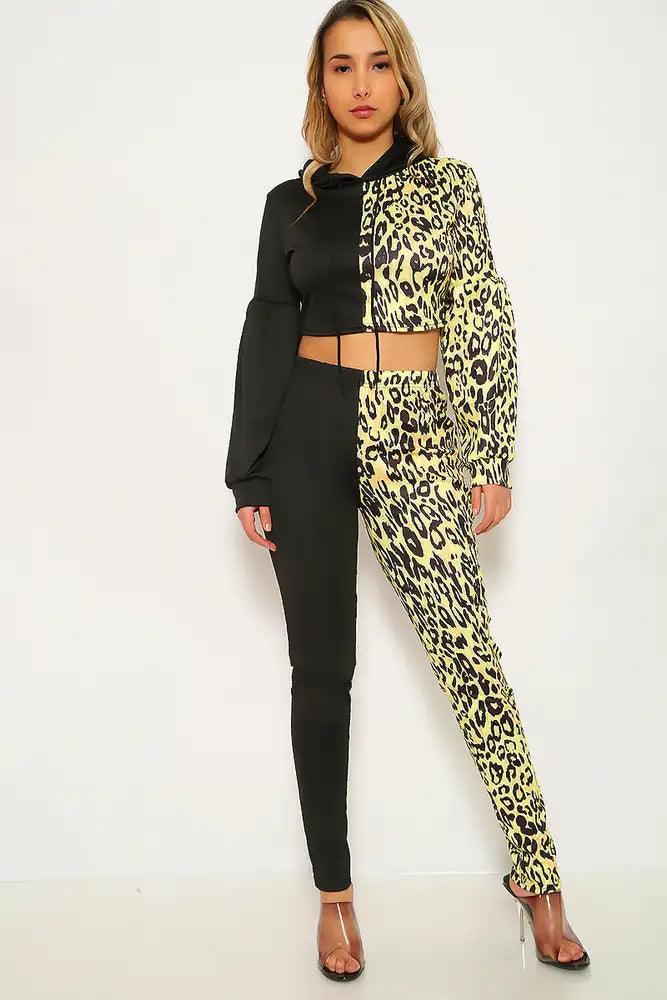 Yellow Leopard Print Long Sleeve Two Piece Outfit - AMIClubwear