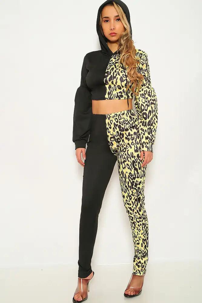 Yellow Leopard Print Long Sleeve Two Piece Outfit - AMIClubwear