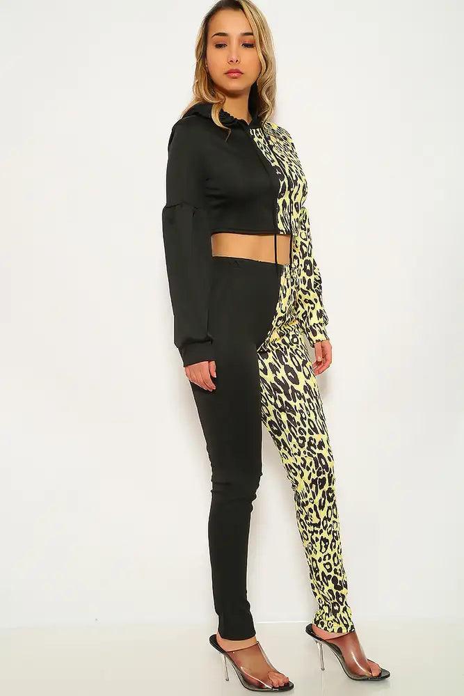 Yellow Leopard Print Long Sleeve Two Piece Outfit - AMIClubwear