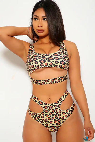 Yellow Leopard Print Strappy High Waist Two Piece Swimsuit - AMIClubwear