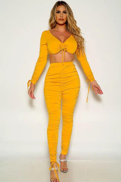 Yellow Long Sleeve Cropped Ruched Two Piece Outfit - AMIClubwear