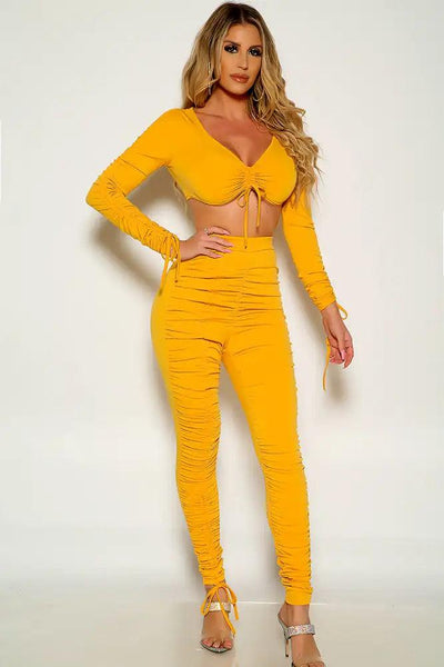 Yellow Long Sleeve Cropped Ruched Two Piece Outfit - AMIClubwear