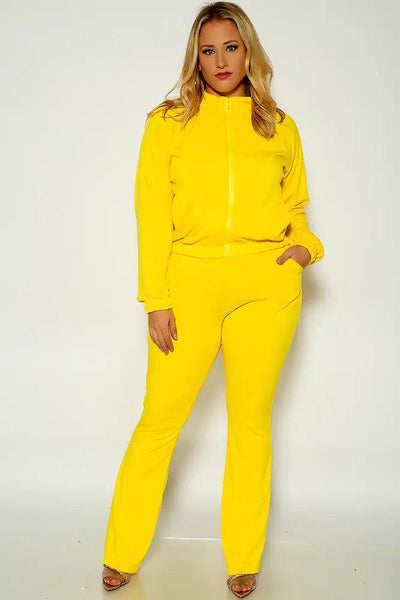 Yellow Long Sleeve Front Zipper Closure Plus Size Two Piece Lounge Outfit - AMIClubwear