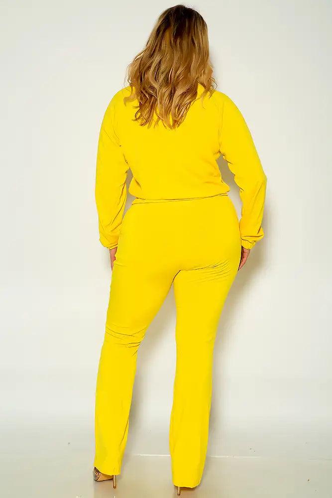 Yellow Long Sleeve Front Zipper Closure Plus Size Two Piece Lounge Outfit - AMIClubwear