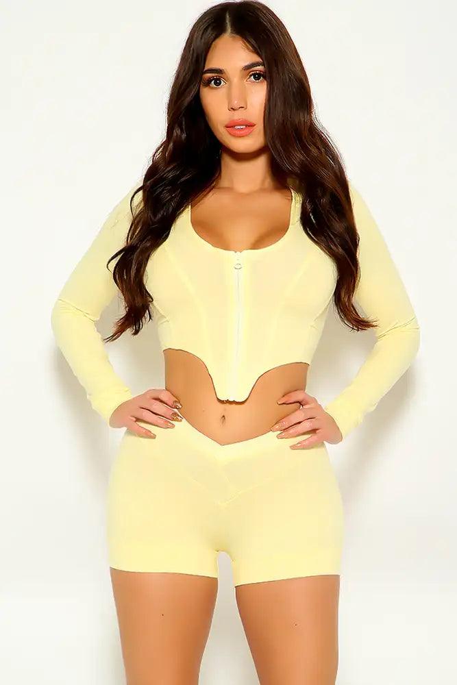 Yellow Long Sleeve Front Zipper Two Piece Outfit - AMIClubwear