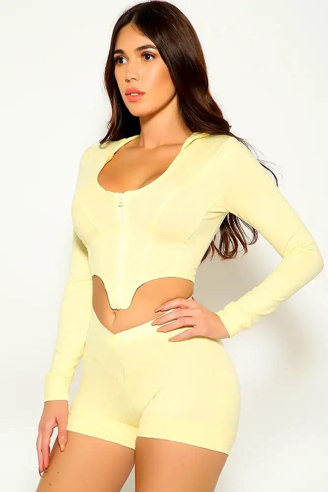 Yellow Long Sleeve Front Zipper Two Piece Outfit - AMIClubwear