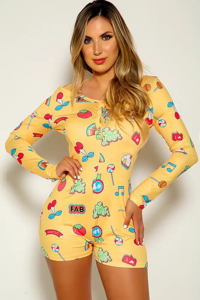 Yellow Long Sleeve Graphic Print Romper - AMIClubwear