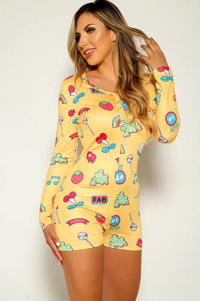 Yellow Long Sleeve Graphic Print Romper - AMIClubwear