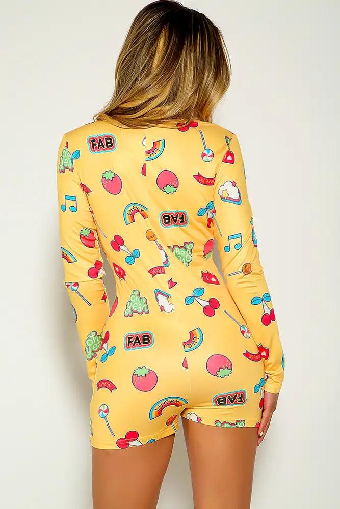 Yellow Long Sleeve Graphic Print Romper - AMIClubwear