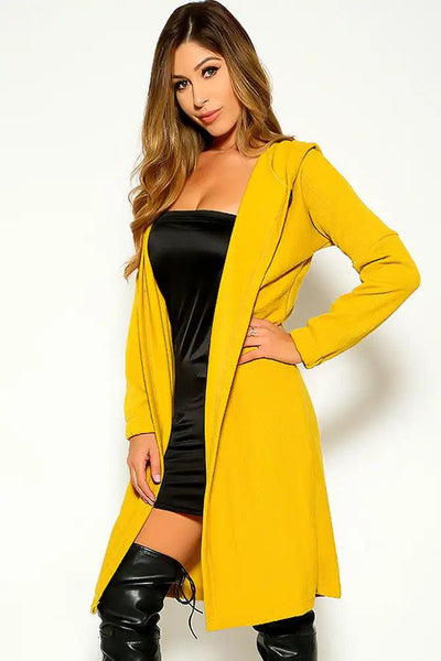 Yellow Long Sleeve Hooded Button Up Cardigan - AMIClubwear