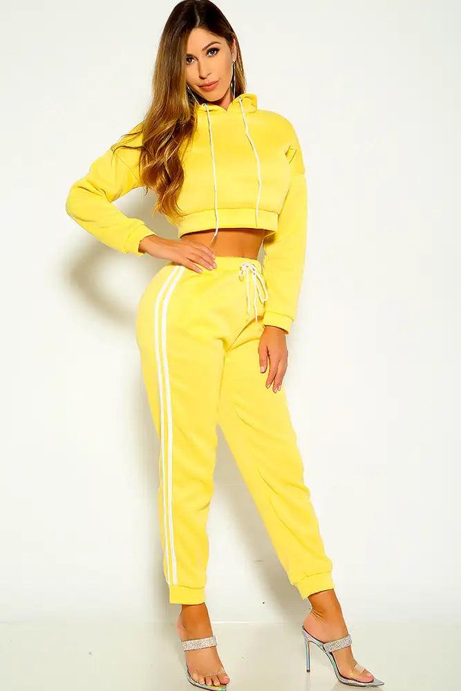 Yellow Long Sleeve Hooded Two Piece Lounge Outfit - AMIClubwear