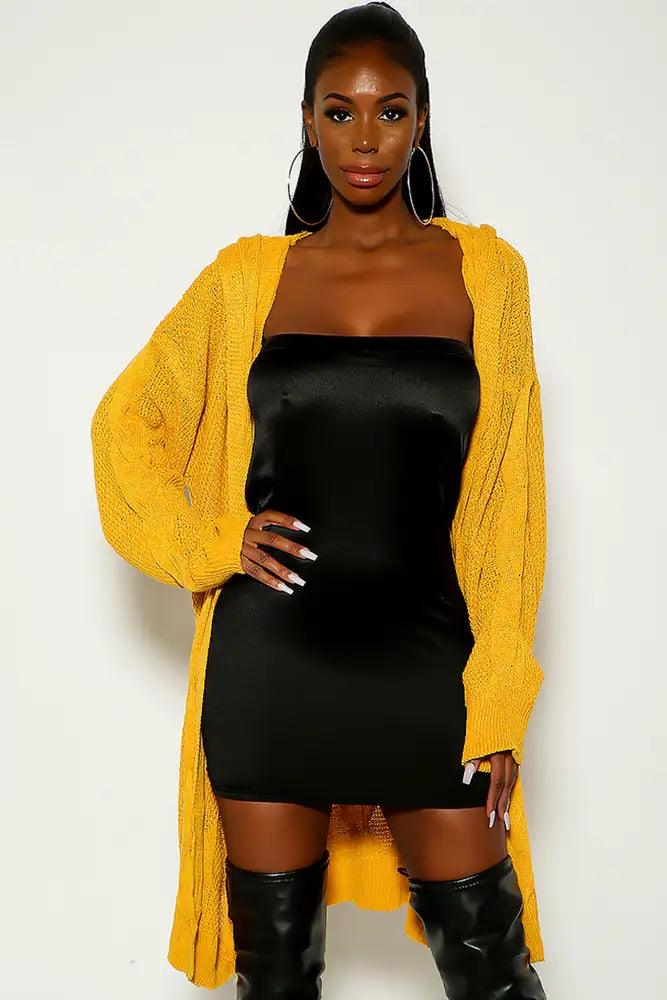 Yellow Long Sleeve Knitted Hooded Open Fron Cardigan - AMIClubwear