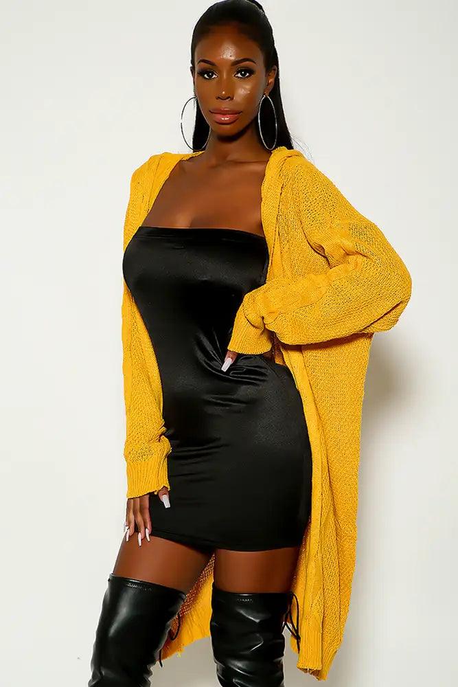 Yellow Long Sleeve Knitted Hooded Open Fron Cardigan - AMIClubwear