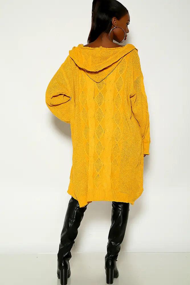 Yellow Long Sleeve Knitted Hooded Open Fron Cardigan - AMIClubwear