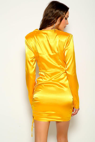 Yellow Long Sleeve Satin Draped Party Dress - AMIClubwear