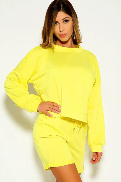 Yellow Long Sleeve Shorts Two Piece Lounge Wear Outfit - AMIClubwear