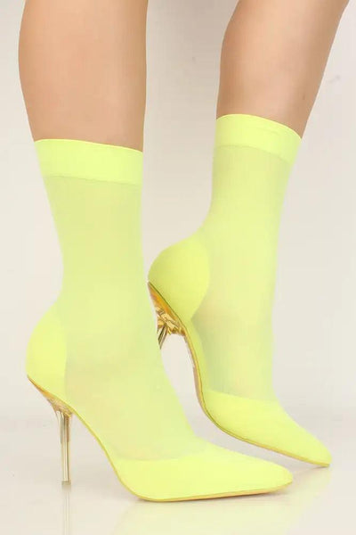 Yellow Lycra Knit Pointy Toe High Heel Booties - AMIClubwear